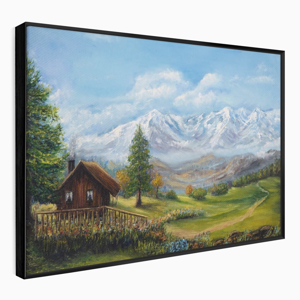 Tablou canvas cu tablou canvas cu peisaj montan si cabana, in rama de aluminiu negru